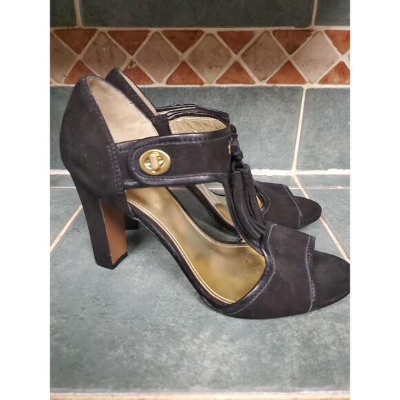 COACH Tristen Turnlock Heels Black Nubuck Leather Tassels Peep Toe Gold Hardware - Picture 4 of 7